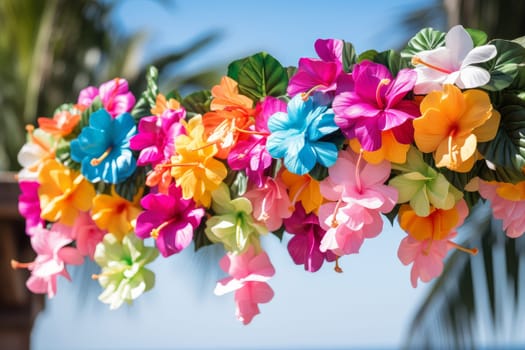 Vibrant Hawaii garland flowers. Tropical vacation. Generate Ai