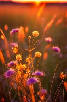 Golden Hour Glow. Warm, soft light of the setting sun illuminating delicate wildflowers or intricate spiderwebs in a field, highlighting their natural beauty.
