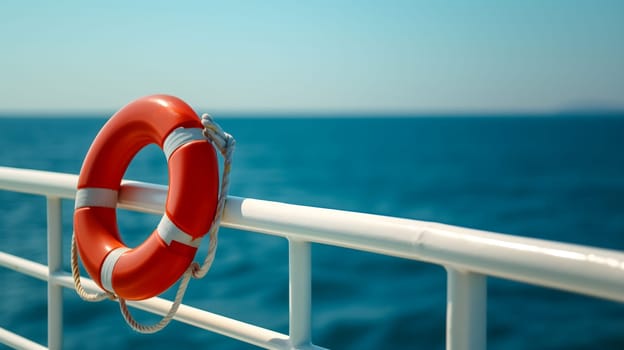 Lifebuoy attached to a ship's white railing, with the clear blue sea in the background. Neural network generated image. Not based on any actual scene or pattern.