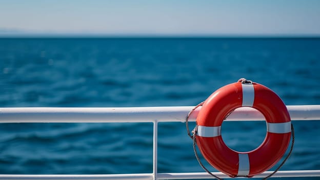 Lifebuoy attached to a ship's white railing, with the clear blue sea in the background. Neural network generated image. Not based on any actual scene or pattern.