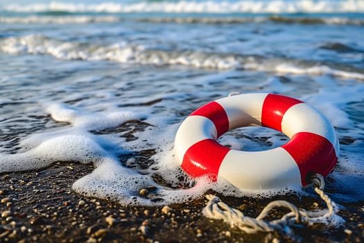 lifebuoy on a beach with surf and clear blue sea in the background. Neural network generated image. Not based on any actual scene or pattern.