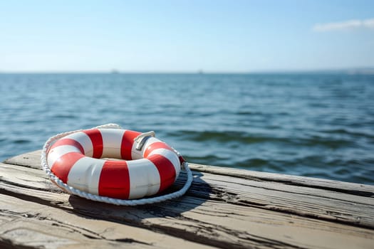 lifebuoy on wooden pier with clear blue sea in the background. Neural network generated image. Not based on any actual scene or pattern.