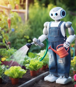 robot watering working in the farm vegetable garden to grow produce for human consumption ai generated