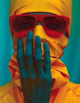 A person with an orange headscarf covers their eyes with sunglasses, while their hand rests on their forehead, partially concealing their face