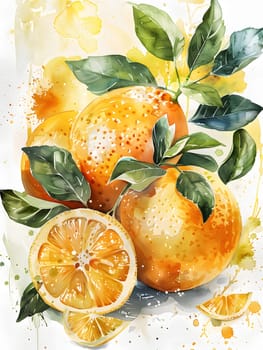 A watercolor painting of oranges with leaves on a white background, showcasing the vibrant colors and natural beauty of this citrus fruit