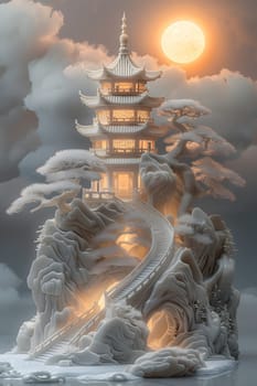 A sculpture of a pagoda, resembling a fictional character from mythology, perched on top of a snowcovered mountain under a cloudy sky