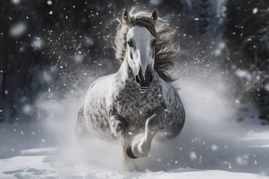 Playful Cute horse in winter snow. Pet mammal. Generate Ai