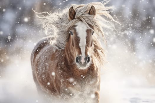 Frosted Cute horse in winter snow. Pet mammal. Generate Ai