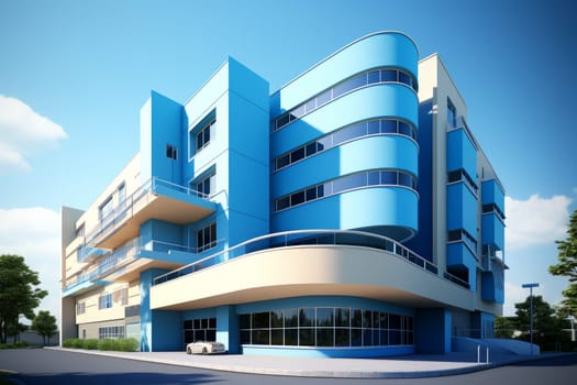 Vast Hospital double blue sky. Futuristic care. Generate ai