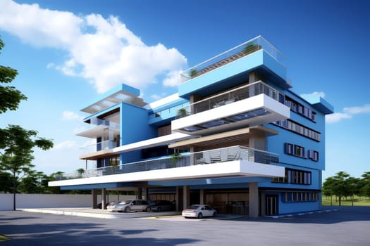 Spacious Hospital double blue sky. Futuristic care. Generate ai