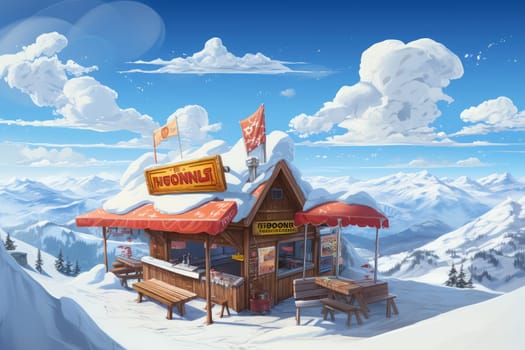 Alpine Hot dog shop on snow mountains. Sprite bokeh. Generate Ai