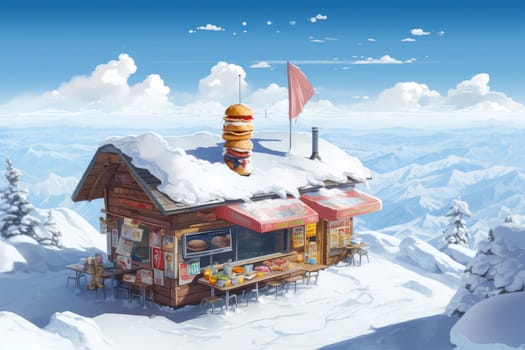 Chilly Hot dog shop on snow mountains. Sprite bokeh. Generate Ai