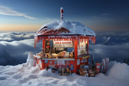 Bustling Hot dog shop on snow mountains. Sprite bokeh. Generate Ai