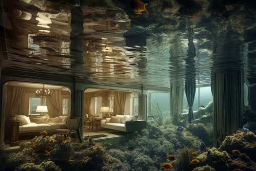 Luxurious Hotel under water building. Split luxury. Generate Ai