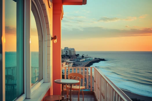 Cozy Hotel room sea sunset. Luxury travel. Generate Ai