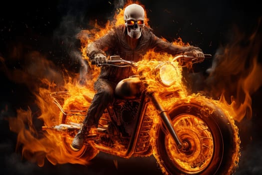 Human skeleton riding on fire motorbike. Speed race. Generate Ai