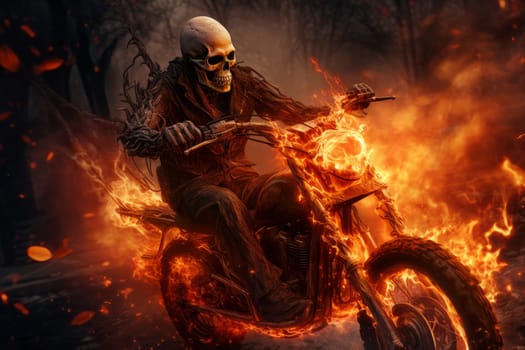 Flaming Human skeleton riding on fire motorbike. Speed race. Generate Ai