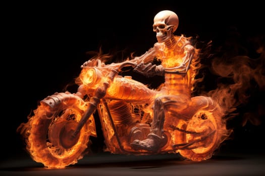 Daring Human skeleton riding on fire motorbike. Speed race. Generate Ai