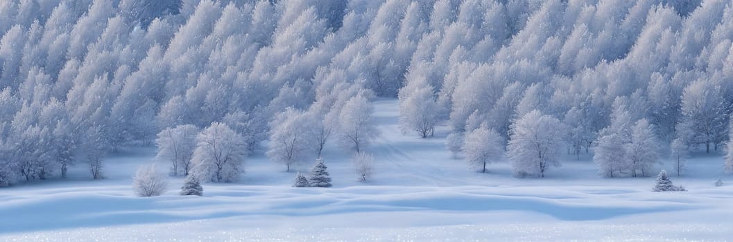A serene winter landscape, picturesque panorama. Snow-covered landscapes, frost-covered trees, and wintery scenes. Generative