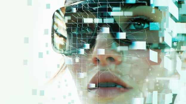 A woman wearing VR glasses depicting virtual reality technology with digital graphic as metaverse world AIGX04