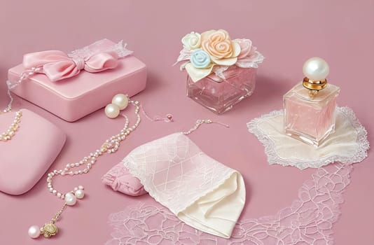 Pastel Palette. A still life scene featuring pastel-colored feminine accessories like a delicate pearl necklace, a lace handkerchief, and a vintage perfume bottle against a soft textured background for a sophisticated and timeless look.