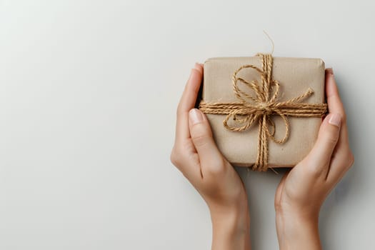 A womans finger is adorned with a religious item in the form of a cross body jewelry. She is holding a gift wrapped in brown paper with a rope bow