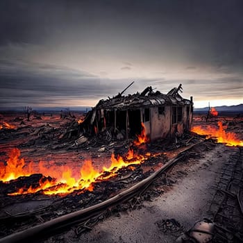 Devastated Landscapes. Disaster with scorched earth, smoldering wreckage, and a bleak atmosphere that conveys the destruction that occurred.