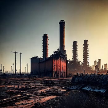 Industrial Decay. Industrial area in decay, with abandoned factories, rusty machinery, and a polluted skyline creating a haunting scene of industrial collapse.