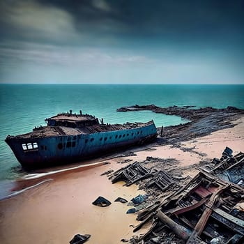 Shipwrecked World. Post-apocalyptic coastal scene with sunken ships, washed-up debris, and a desolate shoreline overlooking a vast and unforgiving sea.