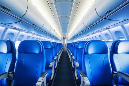Monochromatic Empty aircraft blue interior light. People chair. Generate Ai