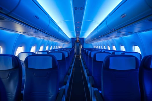 Empty aircraft blue interior light. People chair. Generate Ai