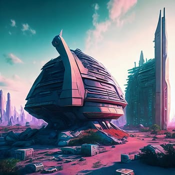 Ruins of a Futuristic Society. Futuristic buildings in ruins, featuring crumbling high-tech architecture, holographic signs flickering, and remnants of advanced technology scattered around.