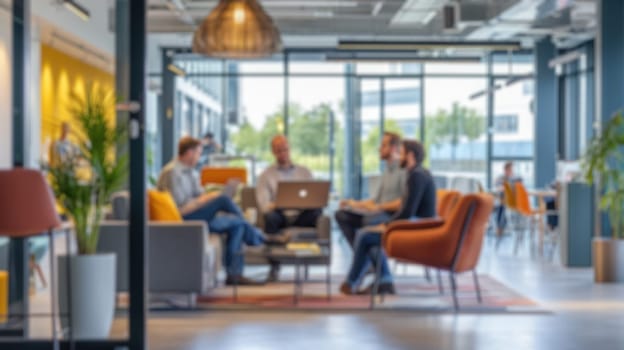Blurred photo capturing the dynamic atmosphere of a modern open-plan office with people engaged in discussion and work. Resplendent.