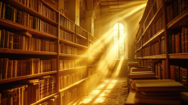 Majestic rays of sunlight beam through a stained glass window, illuminating the dusty shelves of ancient books in a historic library. Resplendent.