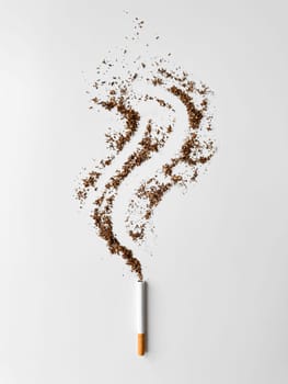 Cigarette with tobacco spilling out in smoke trail shape on white background, symbolizing smoking dangers and health issues. No tobacco day. High quality photo