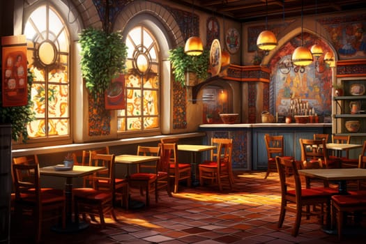 Nostalgic Italian restaurant interior. Table meal bar. Generate Ai