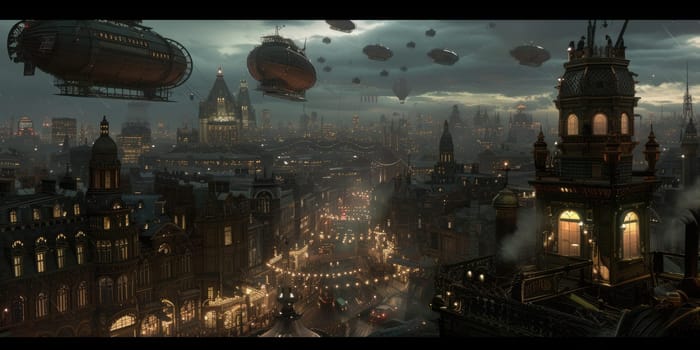 A fleet of steampunk airships hovers above a Victorian-inspired cityscape, enveloped in a golden mist at dawn. Resplendent.