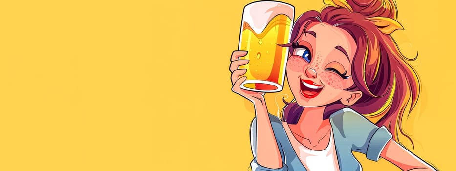 Cheerful Woman Toasting with Beer Illustration, copy space