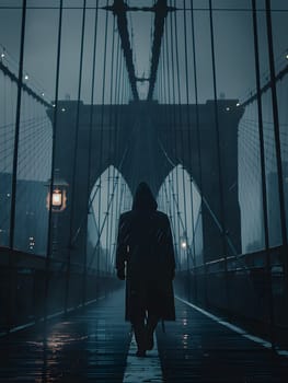 A pedestrian crosses a steel bridge in the darkness as rain falls, the composite material creating a pattern of electric blue symmetry in the event
