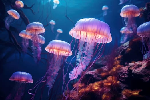 Captivating Jellyfish glowing pink underwater color. Flower deep. Generate AI