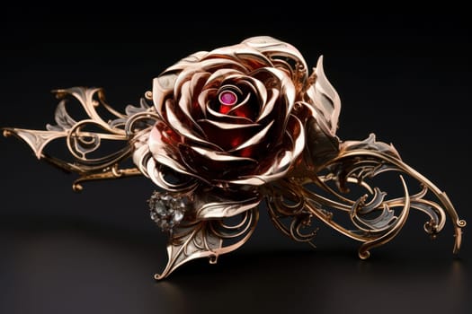 Luxurious Jewelry rose flower gold. White petal. Generate Ai