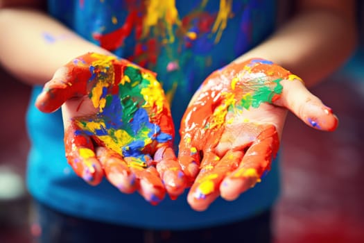 Messy Kids hands painting. Artist coloring. Generate Ai