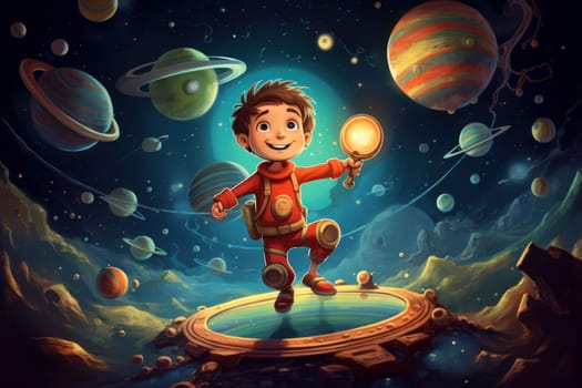 Colorful Kids space cartoon. Cinema suit projector. Generate Ai