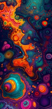 Saturated colorful mad abstract background, random different shapes and objects, hallucinations of ancient shaman after mushroom overdose. Neural network generated image. Not based on any actual scene or pattern.