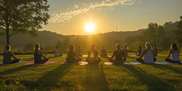 A serene yoga class at sunrise, participants in a tranquil outdoor setting, symbolizing peace and mindfulness. Resplendent.