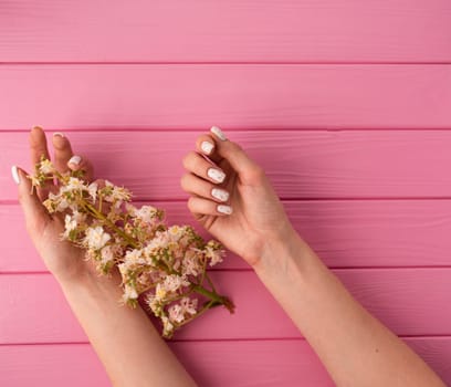 Summer abstract background mockup template free copy space for text pattern sample top view above pink wooden board. blank empty area for inscription woman hand manicure hold blossom flowers chestnut