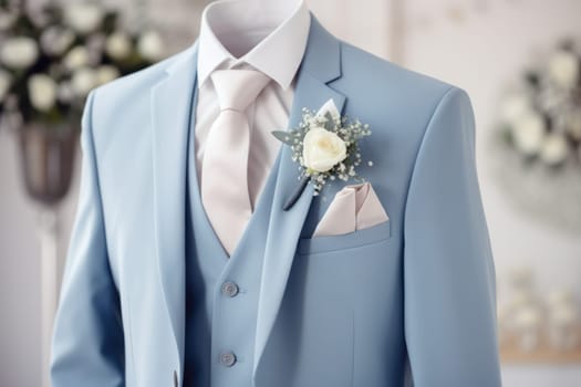 Elegant Light blue wedding suit. Style detail clothing. Generate Ai