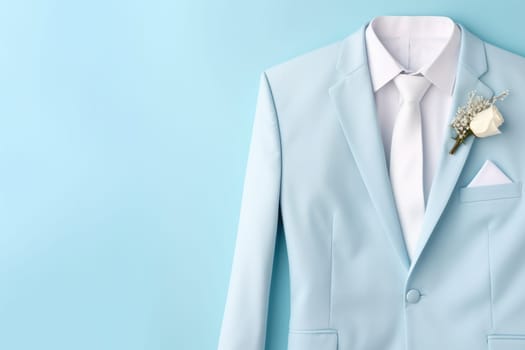 Refreshing Light blue wedding suit. Style detail clothing. Generate Ai