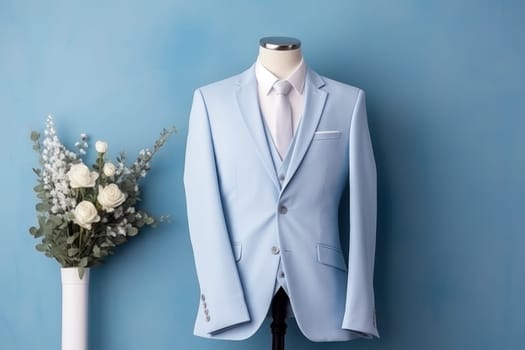 Sophisticated Light blue wedding suit. Style detail clothing. Generate Ai