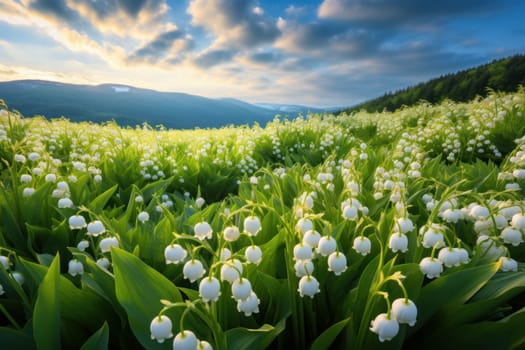 Picturesque Lily valley blooming field. Season flower. Generate Ai